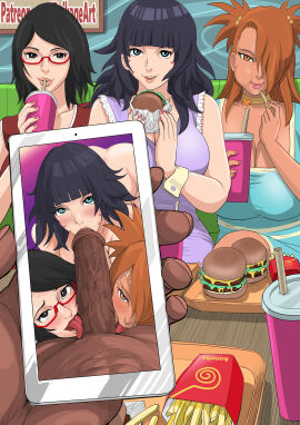 1boy 3girls age_difference akimichi_chouchou big_breasts boruto:_naruto_next_generations cellphone collaborative_fellatio dark-skinned_male dark_skin fellatio female food french_fries glasses hamburger harem interracial juxtaposition lettuce light-skinned_female light_skin male multiple_females multiple_girls naruto naruto_(series) older_male_and_younger_female oral penis photo_comparison raikage raikage_art sarada_uchiha teamwork triple_fellatio uchiha_sarada uzumaki_himawari
