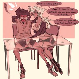2girls bullying clothed clothed_female degradation_text desk dialogue dominant_female english_dialogue english_text female femdom femsub fingering fingering_partner fingering_pussy fingering_under_clothes fingering_under_panties fingering_under_skirt flustered glasses legs loser nerd nerdy nerdy_female original pixiesleaze pussy self-insert sitting skirt sneakers speech_bubble submissive_female thighs yuri