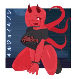 1girls big_breasts breasts choker coy_doy demon demon_girl demon_horns dripping female female_focus female_only hair_over_one_eye iron_maiden_(band) looking_at_viewer nipple_piercing nipples oc oerba_yun_fang on_knees one_eye_covered one_eye_obstructed original original_character oversized_clothes oversized_shirt pierced_nipples piercing red_body shirt shirt_only shirt_pull sitting_on_floor slime slime_girl spikes tentacle white_eyes