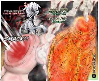 2futas after_anal angry arlecchino_(genshin_impact) ass bellacabasada cum cum_in_ass dialogue futa_on_futa futa_only futanari gaping_anus genshin_impact gigantic_penis huge_ass intersex mavuika_(genshin_impact) muscular muscular_futa penis sex spanked_butt spanking text