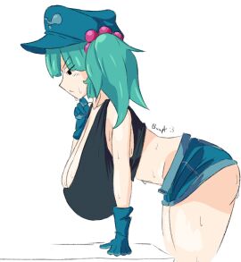 1girls ass big_breasts blue_hair breasts bunpt cleavage cyan_hair female gloves hat huge_breasts light-skinned_female light_skin long_gloves mob_face nitori_kawashiro nono_(notnoe) shorts sideass solo solo_female sweaty_body tank_top thick_ass thick_thighs thighs touhou twintails watermark white_background
