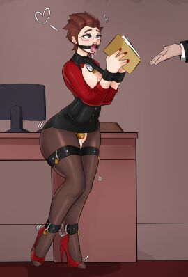 1boy ankle_chain ankle_cuffs blush bondage brown_hair chains chastity_cage chastity_device collar collar_tag corset crossdressing cuffs dripping_precum drool femboy gag glasses heart high_heels hobbled lock lrks lurkx male office offscreen_character open_toe_shoes padlock precum ring_gag saliva secretary secretary_outfit short_hair sissy skimpy skimpy_clothes solo_focus tights tongue tongue_out trap very_high_heels