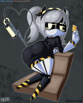 ass ass_focus biting_lip blush clothed condom digital_media_(artwork) disassembly_drone fanart female female_only glitch_productions grey_hair j_(murder_drones) jackintaro looking_at_viewer looking_back murder_drones ribbons robot robot_girl simple_background tail twintails yellow_eyes