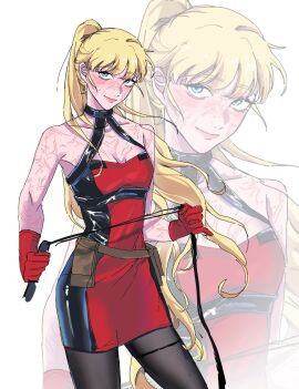 1girls black_pantyhose blonde_hair blue_eyes closed_mouth crutch_c deadpool_&_wolverine_(2024) dress female gloves lady_deadpool ladypool long_hair looking_at_viewer marvel marvel_cinematic_universe marvel_comics pantyhose ponytail red_dress red_gloves scar scars_all_over smile solo two-tone_dress very_long_hair wanda_wilson