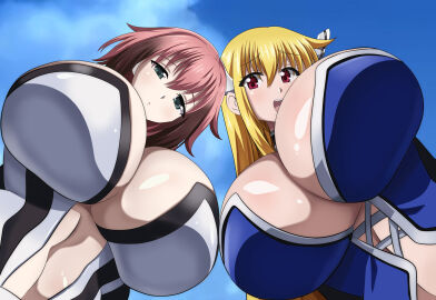 2girls angeloid astraea_(sora_no_otoshimono) blonde_hair breasts closed_mouth cloud dimension252525 female from_below green_eyes huge_breasts ikaros kadokawa_shoten long_hair looking_at_viewer looking_down low_twintails multiple_females multiple_girls open_mouth pink_hair red_eyes revealing_clothes shiny_skin short_hair_with_long_locks sky smile sora_no_otoshimono twintails upper_body