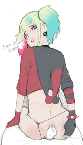 anal anus anus_focus bikini bikini_lift female grapeforwine harley_quinn harley_quinn_(suicide_squad_isekai) male penis sitting_on_penis suicide_squad suicide_squad_isekai text uncensored vanilla white_background