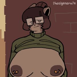 ambiguous_gender animated anthro bouncing_breasts breast_grab breast_play breast_squish breasts clothed clothing clothing_lift dark_nipples duo exposed_breasts eyewear female glasses green_clothing green_topwear hand_on_breast humanoid kara_(theelgenerate) mammal milk nipple_piercing nipples piercing playing_with_breasts procyonid raccoon shirt shirt_lift smile smiling_at_partner smiling_at_viewer squish theelgenerate topwear worried