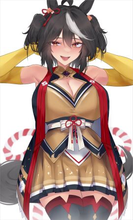 0ha 1girls big_breasts blush breasts cleavage cleavage_window detached_sleeves female female_only harikitte_ikou horse_ears horse_girl horse_tail kitasan_black_(umamusume) large_breasts light-skinned_female light_skin red_eyes solo streaked_hair umamusume umamusume_pretty_derby white_background