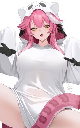 absurdres blush breasts commentary dress english_commentary fangs female ghost_costume highres hololive hololive_english hood hoodie large_breasts long_hair long_sleeves looking_at_viewer multicolored_hair oikomia open_mouth panther_girl panther_tail pink_hair pink_tail raora_panthera signature simple_background sleeves_past_fingers sleeves_past_wrists solo streaked_hair tail teeth thighs two-tone_hair virtual_youtuber white_background white_dress white_hood white_hoodie yellow_eyes