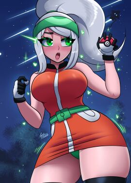 ax3lbravo axlhearts blush breasts brendan_(pokemon) colored_eyelashes comic_cover female gender_transformation genderswap genderswap_(mtf) gloves green_eyes heart-shaped_pupils huge_breasts may_(pokemon)_(cosplay) may_(pokemon_emerald)_(cosplay) panties panty_peek pokeball pokemon ponytail remake rule_63 textless textless_version thick_thighs thighhighs transformation underwear white_hair