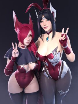 2girls 3d animal_ears bare_shoulders black_hair blue_eyes bored bottom_heavy breasts bunnysuit child_bearing_hips choker cleavage eyeliner facial_markings female female_only fingerless_gloves irelia_xan jewelry league_of_legends leotard looking_at_viewer nail_polish parted_lips peace_sign popogori purple_nail_polish red_hair red_nail_polish revealing_clothes riot_games simple_background skimpy smile standing taller_female vastaya voluptuous wide_hips xayah yellow_eyes
