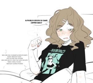 2girls black_shirt blush brown_hair chappell_roan cigarette commentary eighth_note english_text female female/female female_only green_eyes hair_ornament hairclip hatsune_miku highres holding holding_cigarette lesbian_sex long_hair marijuana multiple_females multiple_girls musical_note open_mouth original original_character pockiseisont scissoring shirt short_sleeves simple_background smoking speech_bubble spread_legs sweat tribadism trinidad_(pockiseisont) vocaloid white_background yuri