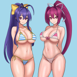 2girls arc_system_works arms_behind_back big_breasts bikini blazblue blazblue:_cross_tag_battle bojack198 breasts busty cleavage crossover female female_only hair_ribbon hi_res highres large_breasts legs long_hair looking_at_viewer mai_natsume multiple_females multiple_girls navel pink_eyes pink_hair ponytail pose posing purple_eyes purple_hair ribbon smile swimsuit thighs thong_bikini toned under_night_in-birth very_long_hair voluptuous yuzuriha_(under_night_in-birth)