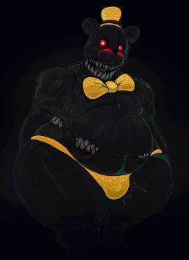 2025 anthro badaboomey bear belly belly_mouth black_background black_body black_fur bow_tie clothed clothing english_description five_nights_at_freddy's five_nights_at_freddy's_4 fur glowing glowing_eyes hat headgear headwear hi_res male mammal nightmare_(fnaf) ogilenuj open_mouth overweight overweight_male rear_view red_eyes scottgames sharp_teeth simple_background solo standing teeth thick_thighs thong topless topless_anthro topless_male underwear wide_hips yellow_bow_tie yellow_clothing yellow_hat yellow_headwear yellow_thong yellow_underwear
