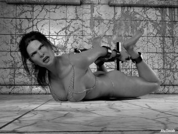 1girls 3d artist_name bikini black_and_white black_hair bondage bound bound_ankles bound_wrists female hogtie original shytimide swimsuit