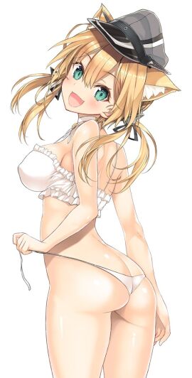 anchor anchor_hair_ornament animal_ear_fluff animal_ears aqua_eyes ass ass_cleavage ass_crack back bare_shoulders bikini bikini_bottom bikini_top black_cap black_hair_ribbon black_hat black_ribbon blonde-haired_female blonde_female blonde_hair blush bra breasts butt_crack cap cat_ears choker cowboy_shot cute_fang elbows female frilled_bra frills from_behind green-eyed_female green_eyes hair_between_eyes hair_ornament hair_ribbon hat head_tilt holding hourglass_figure inuzumi_masaki kantai_collection kemonomimi_mode large_breasts legs long_hair looking_at_viewer looking_back low_twintails military_hat nipple_bulge oerba_yun_fang open_mouth open_mouth_smile panties parted_lips peaked_cap prinz_eugen_(kantai_collection) ribbon shoulders side-tie_panties sideboob simple_background slender_body slender_waist slim_female slim_waist smile solo standing string_bikini swimsuit swimwear thighs thin_waist tilted_head tongue twintails twintails_(hairstyle) underwear underwear_only undressing untied_panties upper_teeth white_background white_bikini white_bikini_bottom white_bikini_top white_string_bikini white_swimsuit white_swimwear wide_hips