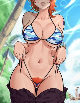 1girls arm_tattoo arrogant bikini bikini_bottom_untied bikini_pull blue_tattoo breasts bush clothing eyes_out_of_frame female female_focus female_only ginger ginger_hair highres inner_sideboob large_breasts light-skinned_female light_skin lordguyis nami_(one_piece) one_piece orange-haired_female orange_hair pants_down pants_pulled_down pre-timeskip pubes pubic_hair pubic_hair_peek short_hair sideboob skypiea smile solo tattoo tattoo_on_arm tattooed_arm underboob