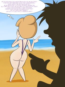 1boy 1girls anon anonymous_male ass back_view beach blonde_hair breasts bubble_ass bubble_butt dialogue female female_focus female_only hair_tied hairbun half_naked implied_cheating light-skinned_female light_skin male medium_breasts monkeycheese nora_cross pale-skinned_female pale_skin shadowy_figure shiny_skin sideboob silhouette sling sling_bikini slingshot_swimsuit small_feet solo solo_female solo_focus temptation tempting thick_thighs thighs thought_bubble