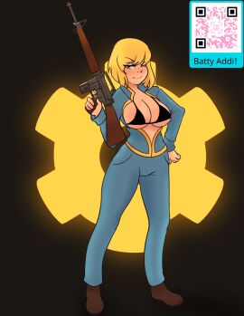 1girls 2024 2d 2d_(artwork) ar15 assault_rifle background_pattern black_bra black_eyes blonde_hair bra cleavage fallout female female_only gun human human_only light-skinned_female light_skin looking_at_viewer pinup questionable rifle scan service_rifle_(new_vegas) short_hair solo solo_female standing symbol vault_girl weapon wink winking_at_viewer