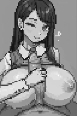 1boy 1girls breasts female greyscale handjob heart huge_breasts long_hair looking_at_viewer male monochrome nipples paizuri penis pixel pixel_(artwork) pixel_art pov shirt_lift simple_background smile solo_focus straight uncensored