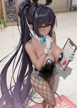 1girls absurdres animal_ears aqua_bow aqua_bowtie bare_shoulders black_hair black_leotard blue_archive blush bow bowtie breasts cleavage collarbone commentary_request dark-skinned_female dark_skin detached_collar fake_animal_ears female fishnet_pantyhose fishnets gloves halo highleg highleg_leotard highres karin_(blue_archive) karin_(bunny)_(blue_archive) kkuni large_breasts leotard long_hair pantyhose plant playboy_bunny potted_plant purple_halo rabbit_ears rabbit_tail solo strapless strapless_leotard sweatdrop tail tile_floor tiles very_long_hair white_gloves wrist_cuffs yellow_eyes