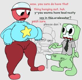 ass awkward blue_sweater breasts capsule casual_exposure casual_nudity collared_shirt dandy's_world dandy_(dandy's_world) dandys_world dialogue female gigi_(dandy's_world) huge_ass huge_breasts huge_cock male objectpunk_(artist) original_character penis profile_picture roblox tie