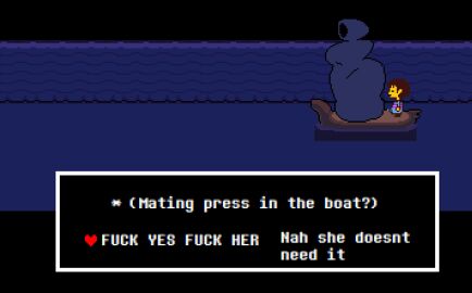 1boy 1girls accurate_art_style age_difference ass before_sex blue_clothing blue_hood boat breasts brown_hair chubby chubby_female cloak closed_eyes curvy_body curvy_female curvy_figure decision distracted erection erection_under_clothes exaggerated_anatomy female frisk heart_symbol huge_ass huge_breasts huge_butt huge_thighs male massive_ass mating_press milf motherly_figure no_dialogue penis pixel_(artwork) pixel_art precum precum_on_penis precum_through_clothing river river_person sexual_thoughts shaded_face short_male shorter_male size_difference taller_female text_box undertale undertale_(series) yellow_skin