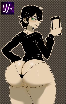 1boy alternate_ass_size andrew_graves artist_logo ass ass_focus back_view bangs big_ass bikini_bottom black_hair black_sweater blush bottom_heavy bubble_ass bubble_butt clothed clothing commission featureless_hands femboy feminine_male from_behind green_eyes half-closed_eyes hand_on_hip hand_up holding_object holding_phone huge_ass large_ass light-skinned_male light_skin long_sleeves looking_at_viewer looking_back male male_only narrowed_eyes outline pale-skinned_male pale_skin pattern_background phone presenting presenting_hindquarters rear_view shiny_skin short_hair solo string_bikini_bottom sweat sweater sweating sweaty sweaty_ass sweaty_butt sweaty_face the_coffin_of_andy_and_leyley thick_ass thick_thighs thighs thong twink wavy_mouth wispernsfw