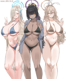 3girls absurdres akane_(blue_archive) alternate_costume alternate_hairstyle asuna_(blue_archive) bikini black_bikini black_hair blonde_hair blue_archive blue_bikini blush breasts brown_bikini brown_eyes brown_hair brown_halo chocolate_and_vanilla cleavage closed_mouth dark-skinned_female dark_skin dated feet_out_of_frame hair_over_one_eye halo highres huge_breasts karin_(blue_archive) legs long_hair looking_at_viewer multiple_girls navel nuo_(fttv3255) purple_halo simple_background smile standing stomach swimsuit thighs v very_long_hair white_background yellow_eyes