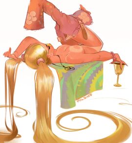 absurdres bishoujo_senshi_sailor_moon blonde_hair bracelet breasts closed_eyes clothing cup earrings female glasses highres holding holding_cup jewelry long_hair lying medium_breasts nipples on_back panties pants philtomato pubic_hair signature simple_background small_breasts solo tan tanline tanlines twintails underwear usagi_tsukino very_long_hair white_background