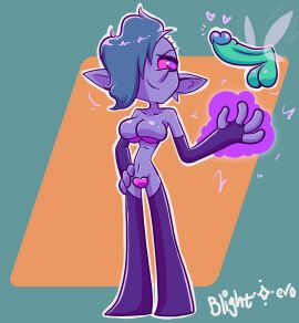 1boy 1girls arm_gloves artist_name balls barely_contained_breasts big_breasts blightstar breasts crotch_covered elf_ears erection female grey_hair hair_over_one_eye heart_pasties huge_cock humanoid humanoid_penis leggings living_penis looking_at_penis magic magic_penis male oc original original_character pasties penis purple_skin shaved_side skinny small_top smooth_balls smooth_penis solo spoken_heart standing tagme tight_clothing unnamed_character winged_penis wings