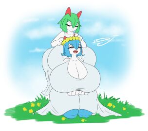 2girls ass breasts curvaceous curvy djthepokemen enormous_breasts female gigantic_breasts huge_ass huge_breasts huge_thighs kirlia large_ass pokemon pokemon_(species) shiny_pokemon short_hair shortstack sweater