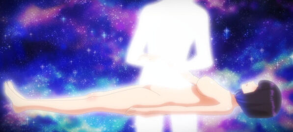 1boy 1girls areolae black_hair breasts feet hands_off_sawaranaide_kotesashi-kun izumi_sumiyoshi_(hands_off_sawaranaide_kotesashi-kun) large_breasts legs medium_hair nipples nude screencap stitched thick_thighs thighs