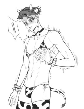 1boy bikini cow_ears cow_horns diamond_is_unbreakable earrings horns jojo's_bizarre_adventure male male_nipples male_only muscular nipples rohan_kishibe solo