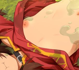 1girls breasts choker defeat embarrassed female flat_chest grass khyleri kono_subarashii_sekai_ni_shukufuku_wo! konosuba lying_on_back megumin nipples nude obscured_face pout red_dress saliva shirt_lift slime_(substance) small_breasts solo topless