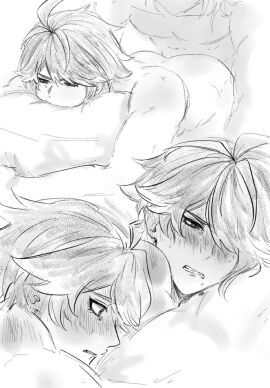 2boys alhaitham_(genshin_impact) anal anal_sex blush blush_lines gay gay_sex genshin_impact head_on_pillow hugging_pillow kaveh_(genshin_impact) male male/male male_only on_stomach sketch tears yaoi