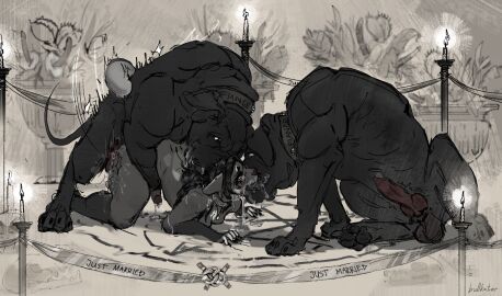 anal anal_sex animal_genitalia animal_penis anthro anthro_on_feral anthro_penetrated ass bestiality bestiality_marriage black_body black_fur bodily_fluids bullkater candle canid canine canine_genitalia canine_penis canis cum cum_in_ass cum_inside doggy_style domestic_cat domestic_dog drooling felid feline felis fellatio feral feral_penetrating french_kissing from_behind_position fur futanari genital_fluids genitals group hi_res intersex intersex/male kissing knot leaking_cum male mammal married_to_feral miasma_velenosa_(miasmium) miasmium monochrome oral penetration penile penis plant ritual_sex saliva sex size_difference spitroast submissive submissive_futa submissive_intersex trio wedding zoophilia