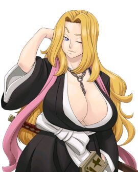 1girls 2024 2d 2d_(artwork) beauty_mark black_clothing black_kimono bleach blue_eyes breasts brother-tico busty cleavage deviantart_link female female_only giant_breasts hand_behind_head huge_breasts kimono light-skinned_female light_skin long_hair matsumoto_rangiku mole_under_mouth one_eye_closed shounen_jump solo white_background wink
