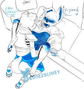 blush breasts checking_on_partner couch_sex ectobody ectobreasts female furry_ears furry_tail neko rule_63 sans sans_au skeleton slimeybonez undertale undertale_au