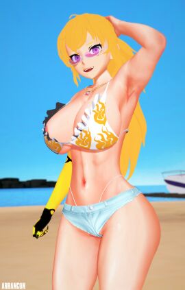 1girls arrancon beach big_breasts bikini bikini_bottom bikini_top birthday blonde_female blonde_hair breasts cleavage female long-haired_female long_hair pose posing purple_eyes robotic_arm rwby short_shorts solo_female sunglasses tinted_eyewear yang_xiao_long