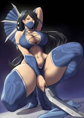 bare_shoulders black_eyes black_hair blue_background blue_boots blue_thighhighs boots breasts brown_eyes cleavage commentary commission covered_mouth cross-laced_clothes curvy dual_wielding earrings elbow_gloves english_commentary female gloves hand_fan highleg highres holding holding_weapon japanese_clothes jewelry kitana large_breasts linea_alba long_hair looking_at_viewer looking_back mask midriff mortal_kombat mortal_kombat_(series) mortal_kombat_9 mouth_mask navel ninja ninja_mask packge pelvic_curtain shiny_skin silver_trim simple_background solo squatting stomach thick_thighs thigh_boots thighhighs thighs tiara vambraces weapon