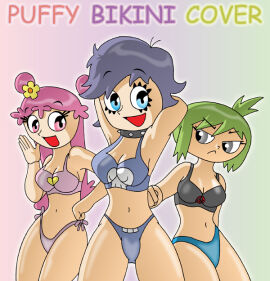 3girls ami_onuki background bikini black_bikini_top blue_bikini_bottom cartoon_network color_background deviantart deviantart_url english_text female female_only flower flower_in_hair green_hair grey_eyes happy hi_hi_puffy_amiyumi julie_hinikawa pink_bikini pink_eyes pink_hair png purple_bikini purple_eyes purple_hair serious shaded skin spiked_collar text warner_brothers x^j^kny yumi_yoshimura
