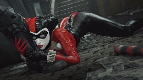 1girls 3d 3d_(artwork) ass ass_up athazel batman batman:_arkham_knight batman_(bruce_wayne) batman_(series) blue_eyes bodysuit bruce_wayne canonical_scene clothed dc dc_comics female female_focus fully_clothed grabbing_leg harley_quinn harley_quinn_(arkham) harley_quinn_(arkham_knight) harley_quinn_(classic) latex latex_suit leg_grab makeup male partial_male source_filmmaker suggestive suggestive_look tagme