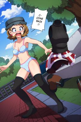 black_legwear black_thighhighs bra bra_and_panties embarrassed embarrassed_underwear_female euf euf-dreamer female living_clothes panties pokemon serena_(pokemon) thighhighs underwear