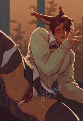 1cuntboy 2025 after_sex after_vaginal big_clitoris blush brown_hair bunny_ears clitoris clothing cum cum_in_pussy cum_inside cuntboy cuntboy_focus defensetrain digital_media_(artwork) drooling intersex offscreen_character original original_character partially_clothed pussy shaking skirt tan_body tan_skin