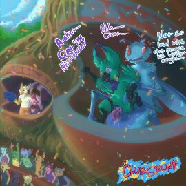 absurd_res ambiguous_gender animal_genitalia antennae_(anatomy) anthro arthropod avian background_character background_shot beak bird blush bodily_fluids camelid cass_(clubskunk) cheering claws cloaca cloacal cloacal_penetration clothing clubskunk coati collar confetti crowd cub cum cum_from_cloaca cum_in_cloaca cum_inside dialogue dialogue_box dipodomyine domestic_cat duo exhibitionism eyewear feathers feet felid feline felis filled_belly foam_finger genital_fluids genitals gerbil glasses green_body group gryphon heteromyid hi_res highlights_(coloring) insects kangaroo_mouse legband llama lochcelious male male/ambiguous mammal markings mephitid multi_arm multi_limb murid mythological_avian mythological_creature mythology parrot penetration penis penis_tip procyonid public public_sex pupils purple_eyes red_eyes reyka_(clubskunk) rodent sex sheath size_difference skunk sporting_event stomach_bulge tail talons toast_(r3drunner) toe_claws toes wind wooly_aphid