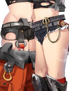 2girls belly_button belt black_shirt black_shorts female holes_in_clothes implied_yuri knees leather_jacket legs lower_body luciana_de_montefio midriff multiple_females multiple_girls navel out_of_frame piper_wheel short_shorts shorts simple_background skindentation standing steaming_body sweat sweatdrop sweating sweaty sweaty_body thighs uranokoedame white_background zenless_zone_zero