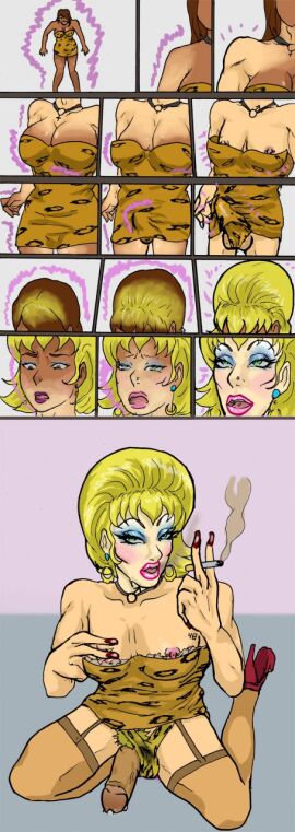 1boy blonde_hair blonde_pubic_hair blue_earrings blue_eyeshadow breast_shrinking breasts brown_eyes brown_hair cheetah_print cheetah_print_dress cheetah_print_panties cigarette crossdressing dark-skinned_female dark_skin darkened_genitalia diggerman drag_queen erect_penis erection_under_clothes female female_to_male flat_chest forced_masculinization ftm_transformation garter_straps gender_symbol gender_transformation genderswap genderswap_(ftm) genital_growth girly green_eyes hair_color_change heavy_makeup high_heels light-skinned_femboy light_skin long_nails male masculinization necklace nipple_piercing nipple_tweak nipples nose_piercing original penis penis_growth penis_in_panties piercing pink_blush pink_lipstick purple_lipstick race_swap red_high_heels red_nail_polish rule_63 sissy smoking solo stockings transformation transformation_sequence trap wig