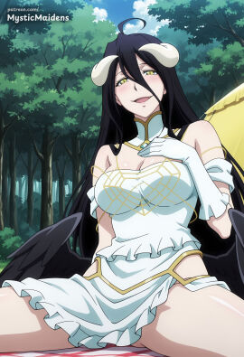 ahoge ai_generated albedo_(overlord) anime anime_style bare_shoulders black_hair black_wings blush breasts cleavage day demon_girl demon_horns detached_collar dress feathered_wings female gloves hair_between_eyes hand_on_own_chest hentai hi_res horns large_breasts long_hair looking_at_viewer low_wings mystic_maidens open_mouth outdoors overlord_(maruyama) patreon patreon_username sitting sky slit_pupils smile solo spread_legs thighs tree white_dress white_gloves wings yellow_eyes