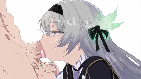 1boy :>= angel_of_light animated aqua_nails black_hairband blinking caressing_testicles clothed_female_nude_male cum cum_in_mouth cum_on_body cum_on_hands cum_overflow deepthroat excessive_cum fellatio female firefly_(honkai:_star_rail) from_side gokkun grey_hair gulping hairband highres honkai:_star_rail honkai_(series) long_hair nail_polish nude oral penis pulsating_cumshot purple_eyes ruby_red_(voice_actor) simple_background solo_focus sound straight swallowing tagme tearing_up testicles throat_bulge tongue tongue_out uncensored video white_background